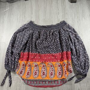 Beach Lunch Lounge Blue Red Orange Floral Paisley Top Size M